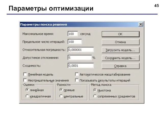 Параметры оптимизации