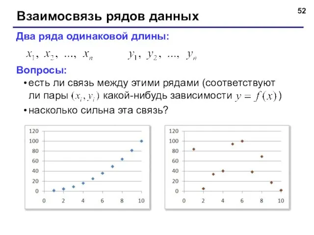 Взаимосвязь рядов данных Два ряда одинаковой длины: Вопросы: есть ли связь между