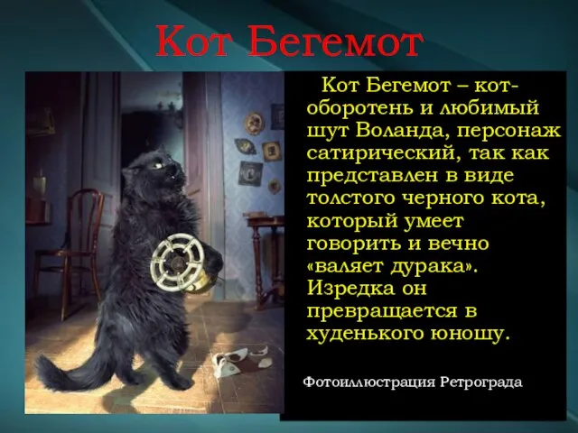 Кот Бегемот Кот Бегемот – кот-оборотень и любимый шут Воланда, персонаж сатирический,