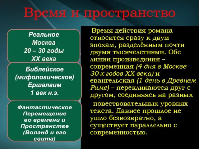 Время и пространство Время действия романа относится сразу к двум эпохам, разделённым