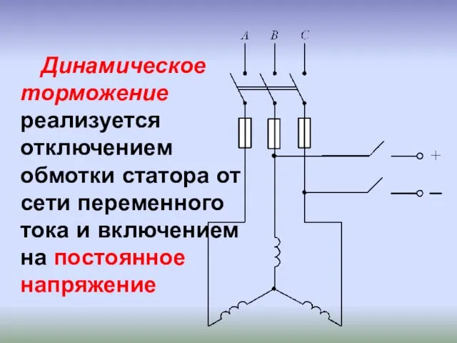 Динамическое торможение реализуется отключением обмотки статора от сети переменного тока и включением на постоянное напряжение