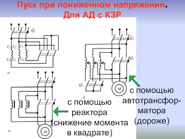 Пуск при пониженном напряжении. Для АД с КЗР с помощью автотрансфор-матора (дороже)