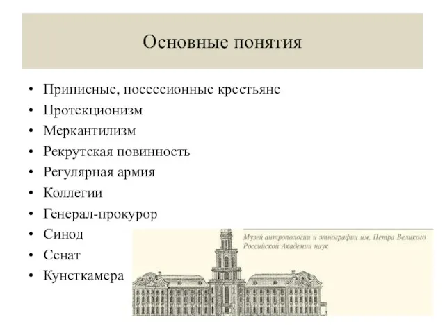 Основные понятия Приписные, посессионные крестьяне Протекционизм Меркантилизм Рекрутская повинность Регулярная армия Коллегии Генерал-прокурор Синод Сенат Кунсткамера