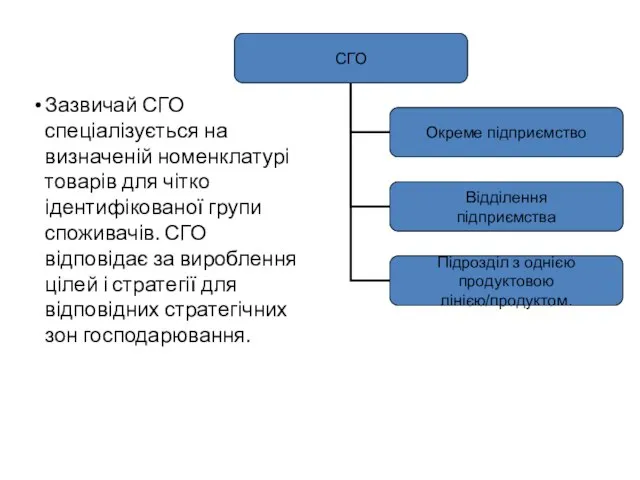 Зазвичай СГО спеціалізується на визначеній номенклатурі товарів для чітко ідентифікованої групи споживачів.