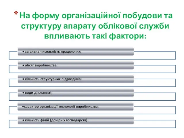 На форму організаційної побудови та структуру апарату облікової служби впливають такі фактори: