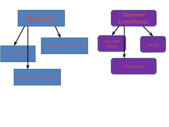 Фахівці: бухгалтер бухгалтер 1 категорії бухгалтер 2 категорії Технічні службовці: старший касир обліковець касир