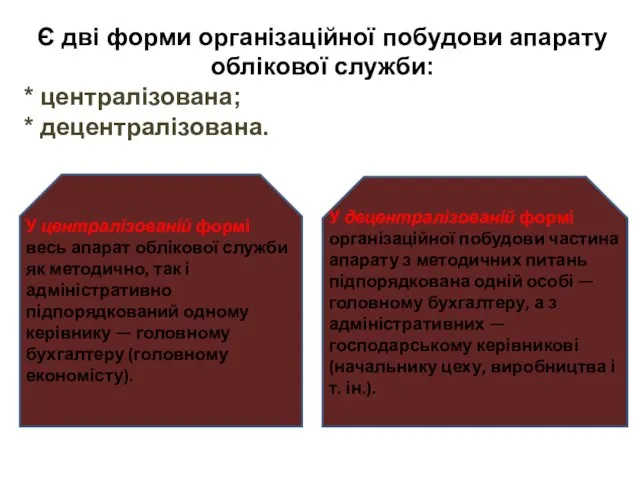 Є дві форми організаційної побудови апарату облікової служби: * централізована; * децентралізована.