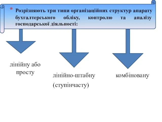 Розрізняють три типи організаційних структур апарату бухгалтерського обліку, контролю та аналізу господарської