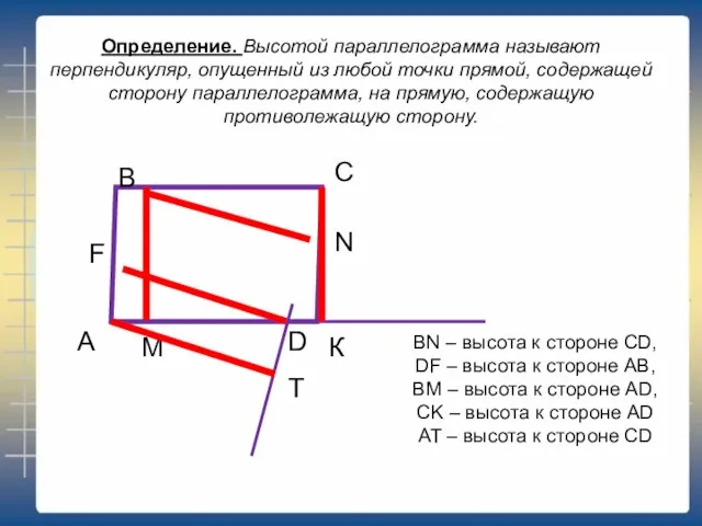 Определение. Высотой параллелограмма называют перпендикуляр, опущенный из любой точки прямой, содержащей сторону