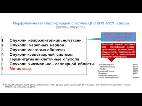 Морфологическая классификация опухолей ЦНС ВОЗ 2007г. Классы (группы) опухолей. Опухоли нейроэпителиальной ткани.