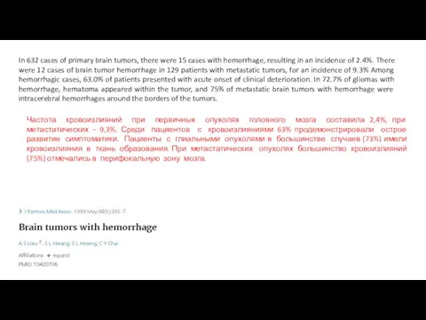 In 632 cases of primary brain tumors, there were 15 cases with