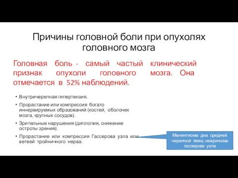 Причины головной боли при опухолях головного мозга Внутричерепная гипертензия. Прорастание или компрессия