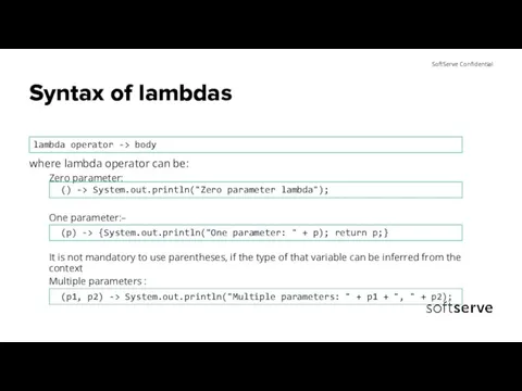 Syntax of lambdas where lambda operator can be: Zero parameter: One parameter:–
