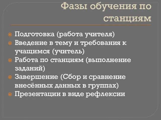 Фазы обучения по станциям Подготовка (работа учителя) Введение в тему и требования