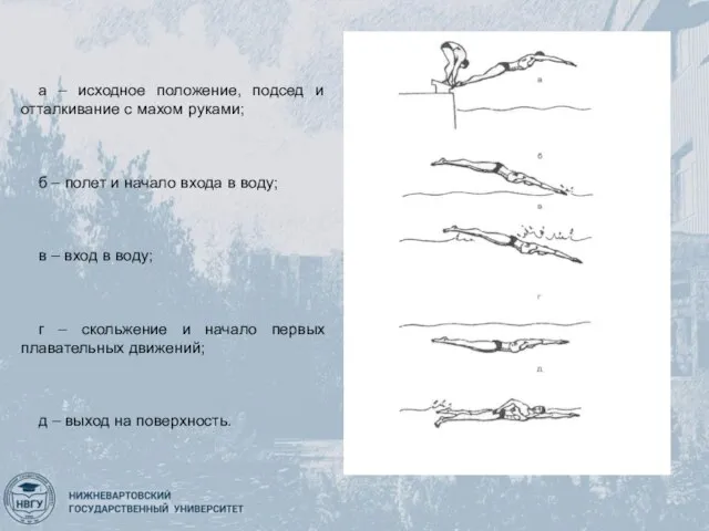 а – исходное положение, подсед и отталкивание с махом руками; б –