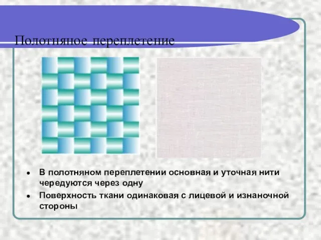 Полотняное переплетение В полотняном переплетении основная и уточная нити чередуются через одну