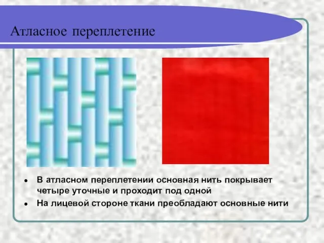 Атласное переплетение В атласном переплетении основная нить покрывает четыре уточные и проходит