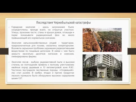 Последствия Чернобыльской катастрофы Городская экология - здесь загрязнения были сосредоточены, прежде всего,