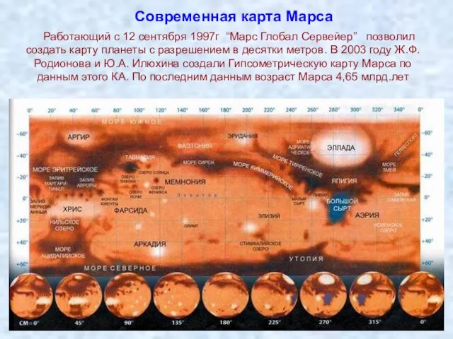 Современная карта Марса Работающий с 12 сентября 1997г “Марс Глобал Сервейер” позволил