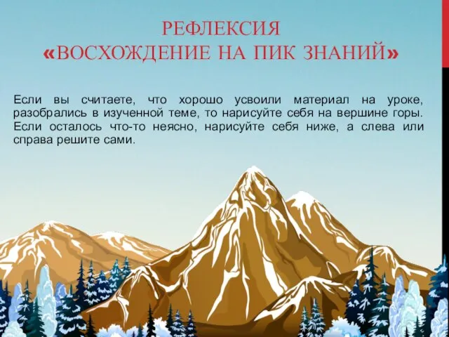 РЕФЛЕКСИЯ «ВОСХОЖДЕНИЕ НА ПИК ЗНАНИЙ» Если вы считаете, что хорошо усвоили материал