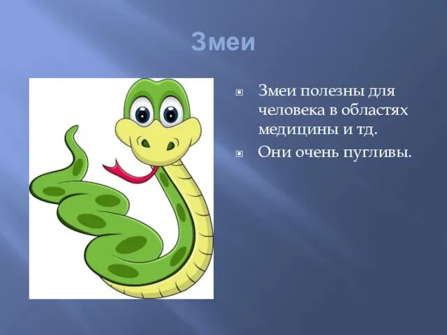 Змеи Змеи полезны для человека в областях медицины и тд. Они очень пугливы.