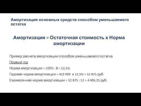 Амортизация основных средств способом уменьшаемого остатка Амортизация = Остаточная стоимость х Норма