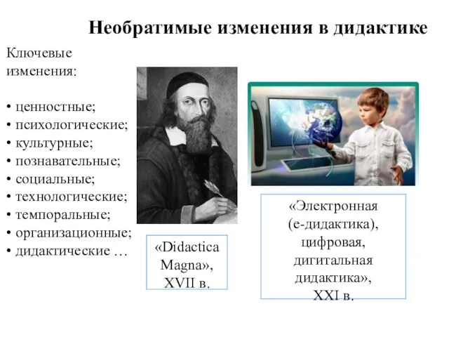 Необратимые изменения в дидактике Ключевые изменения: ценностные; психологические; культурные; познавательные; социальные; технологические; темпоральные; организационные; дидактические …