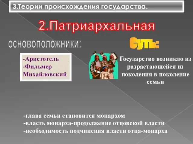 3.Теории происхождения государства. 2.Патриархальная основоположники: -Аристотель -Фильмер Михайловский Суть: -глава семьи становится