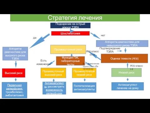 Стратегия лечения Подозрение на острый эпизод ТЭЛА Шок/гипотония Алгоритм диагностики для высокого