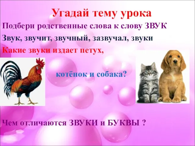 Угадай тему урока Подбери родственные слова к слову ЗВУК Звук, звучит, звучный,