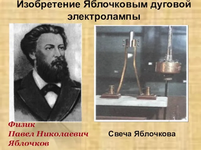 Изобретение Яблочковым дуговой электролампы В 1876 г. П.Н. Яблочков создал дуговую электрическую