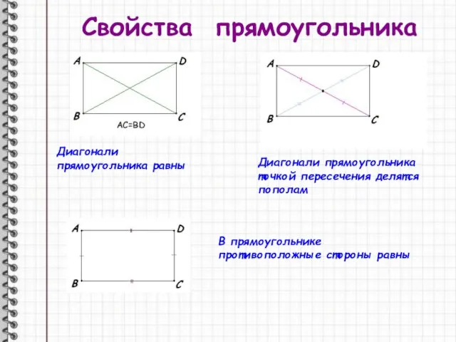 Свойства прямоугольника Диагонали прямоугольника равны Диагонали прямоугольника точкой пересечения делятся пополам В прямоугольнике противоположные стороны равны
