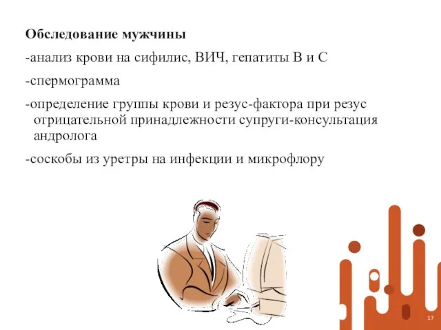 Обследование мужчины -анализ крови на сифилис, ВИЧ, гепатиты В и С -спермограмма