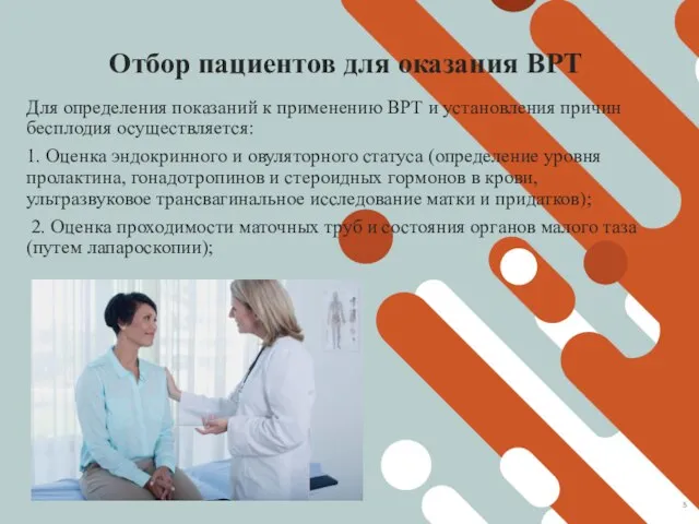 Отбор пациентов для оказания ВРТ Для определения показаний к применению ВРТ и