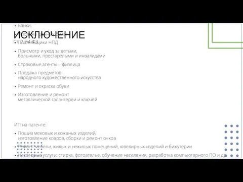 ИСКЛЮЧЕНИЕ Банки, Продажа ценных бумаг Плательщики НПД Присмотр и уход за детьми,