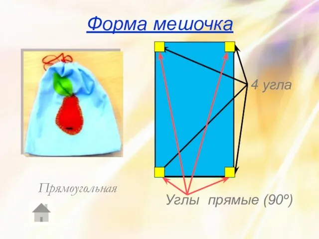 Форма мешочка Прямоугольная 4 угла Углы прямые (90º)