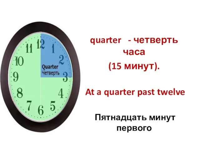 quarter - четверть часа (15 минут). At a quarter past twelve Пятнадцать минут первого