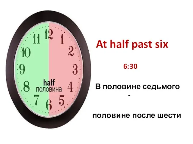 At half past six 6:30 В половине седьмого - ( в половине после шести