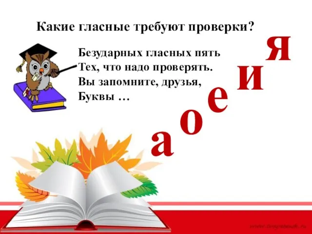 а о и е я Какие гласные требуют проверки? Безударных гласных пять