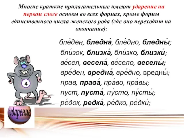 Многие краткие прилагательные имеют ударение на первом слоге основы во всех формах,