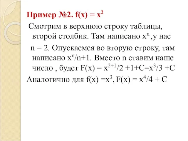 Пример №2. f(х) = х2 Смотрим в верхнюю строку таблицы, второй столбик.