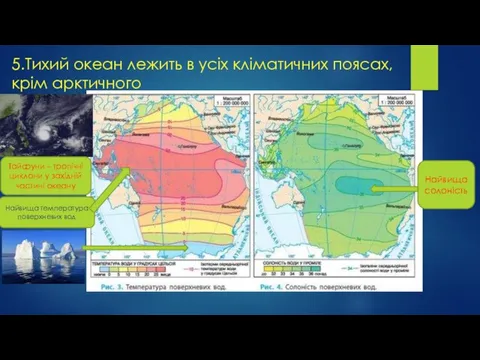 5.Тихий океан лежить в усіх кліматичних поясах, крім арктичного Найвища солоність Найвища