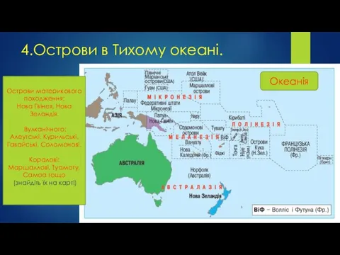 4.Острови в Тихому океані. Острови материкового походження: Нова Гвінея, Нова Зеландія. Вулканічного: