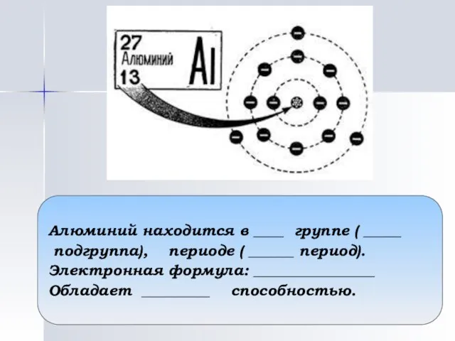 Алюминий находится в ____ группе ( _____ подгруппа), периоде ( ______ период).