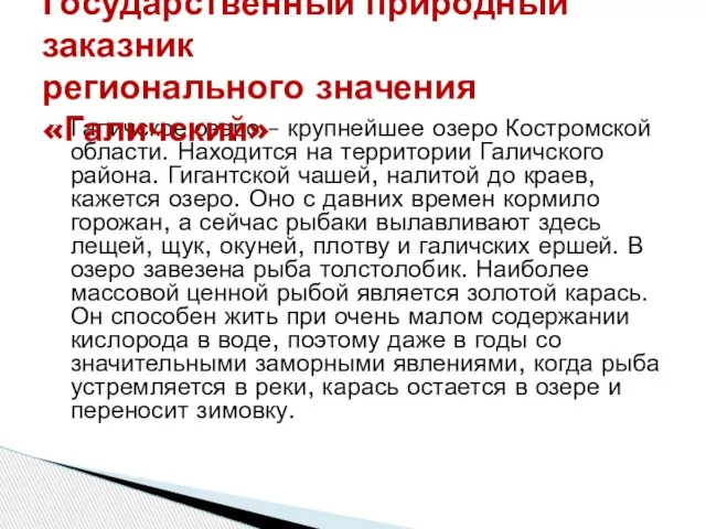 Галичское озеро – крупнейшее озеро Костромской области. Находится на территории Галичского района.