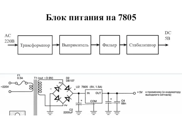 Блок питания на 7805 Трансформатор Выпрямитель Фильтр Стабилизатор AC 220В DC 5В