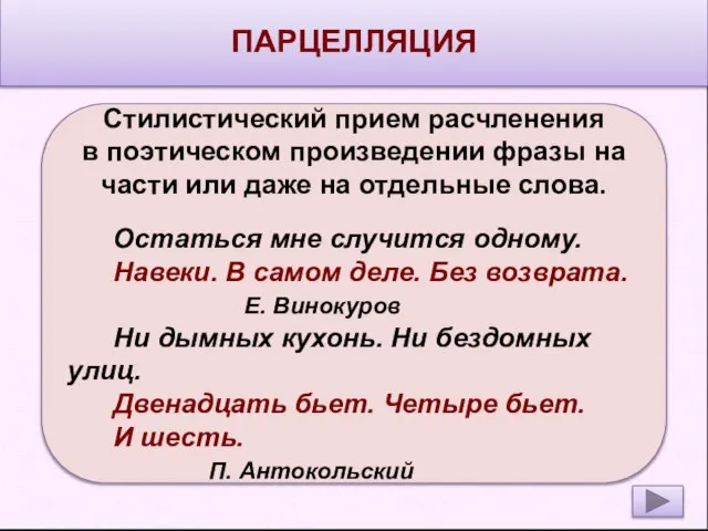 ПАРЦЕЛЛЯЦИЯ Стилистический прием расчленения в поэтическом произведении фразы на части или даже