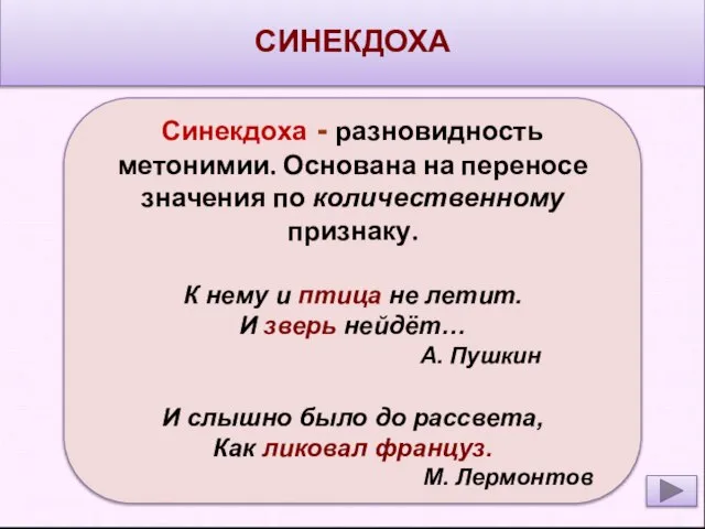 СИНЕКДОХА Синекдоха - разновидность метонимии. Основана на переносе значения по количественному признаку.