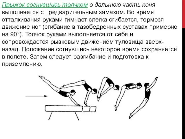 Прыжок согнувшись толчком о дальнюю часть коня выполняется с предварительным замахом. Во