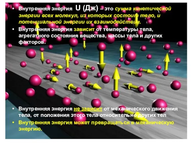 Внутренняя энергия Внутренняя энергия U (Дж) – это сумма кинетической энергии всех